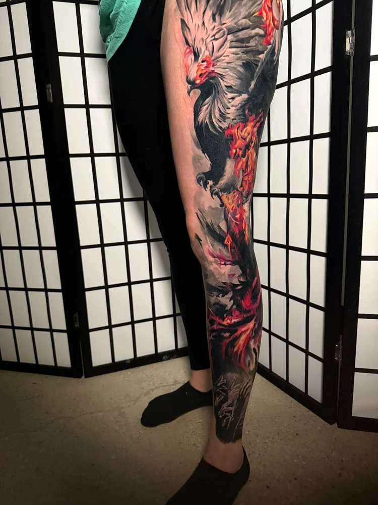 Full-leg tattoo by Timmy Grounds
